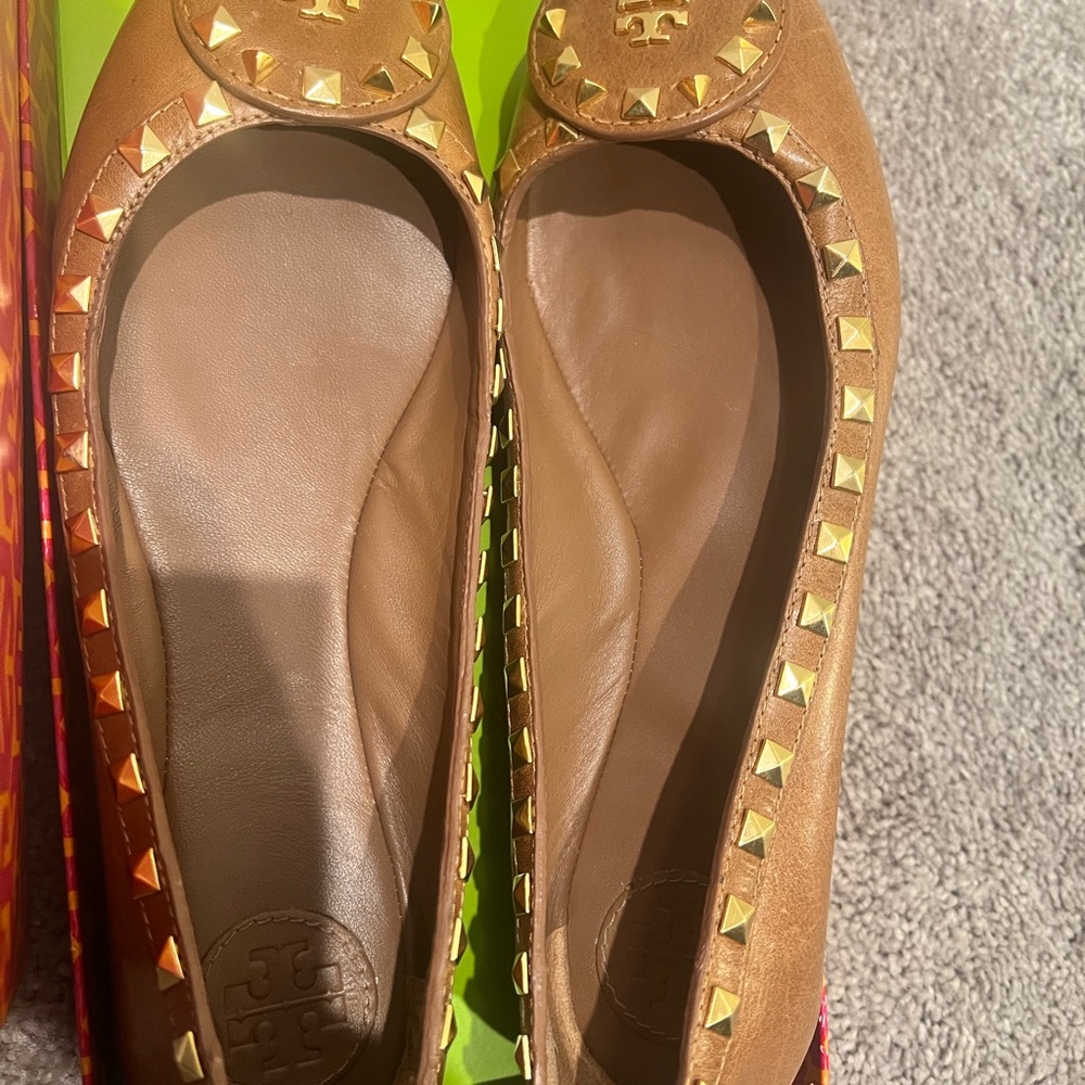 Tory Burch Brown Leather Flats with Gold Accents